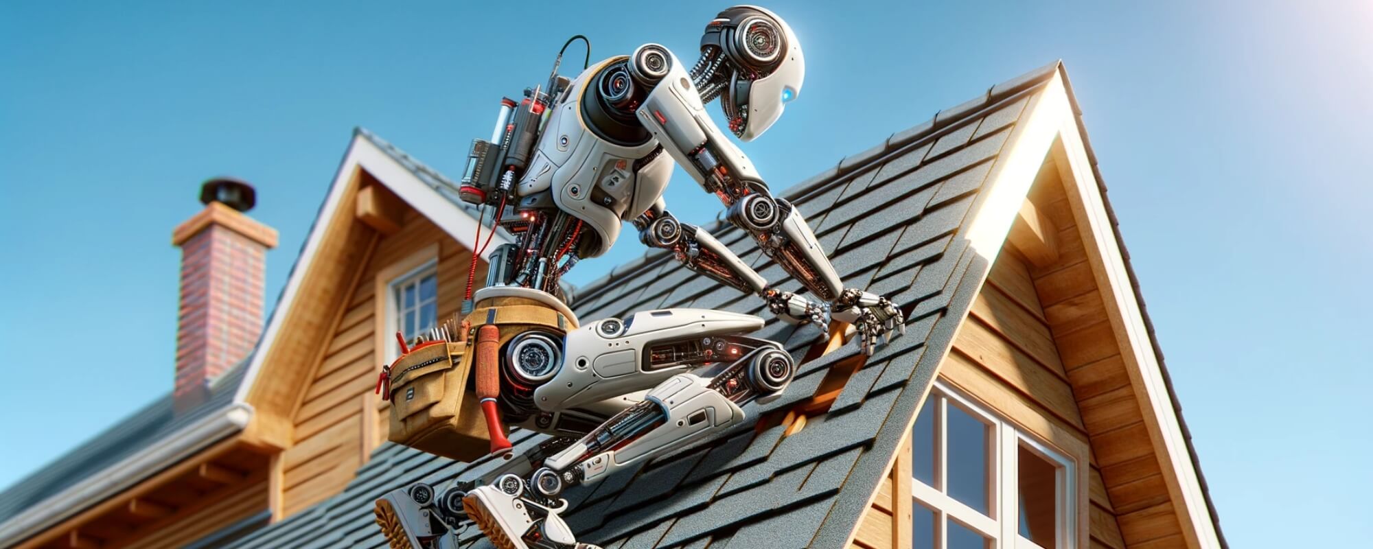 Un robot humanoïde rénovant une toiture sous un ciel dégagé.